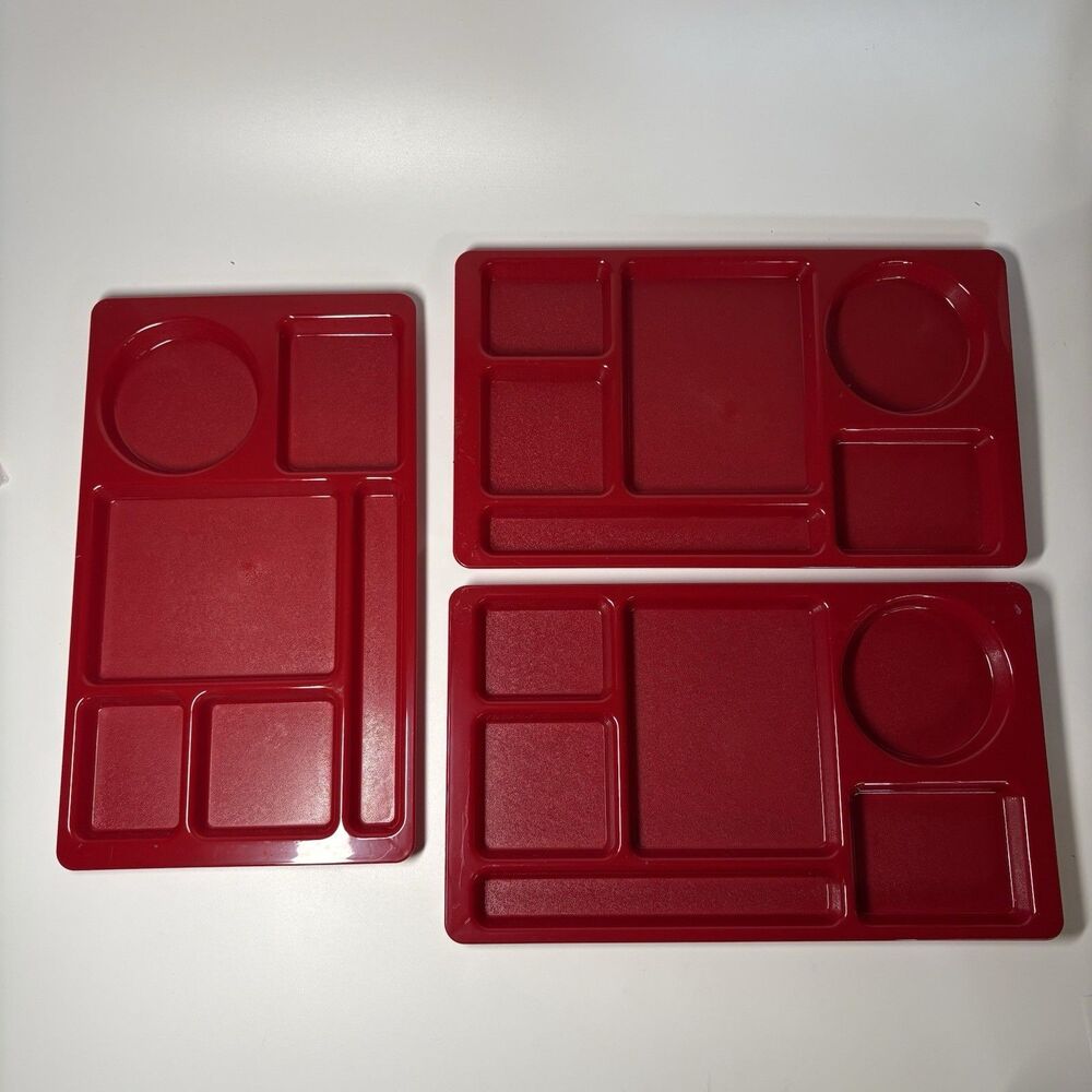 Vintage Cafeteria School Food Trays SiLite 614 Melamine Red Set Of 3 Divided